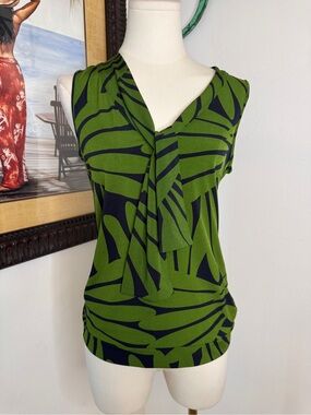 Banana Republic Green Navy Abstract Print Tie Neck Sleeveless Blouse Top